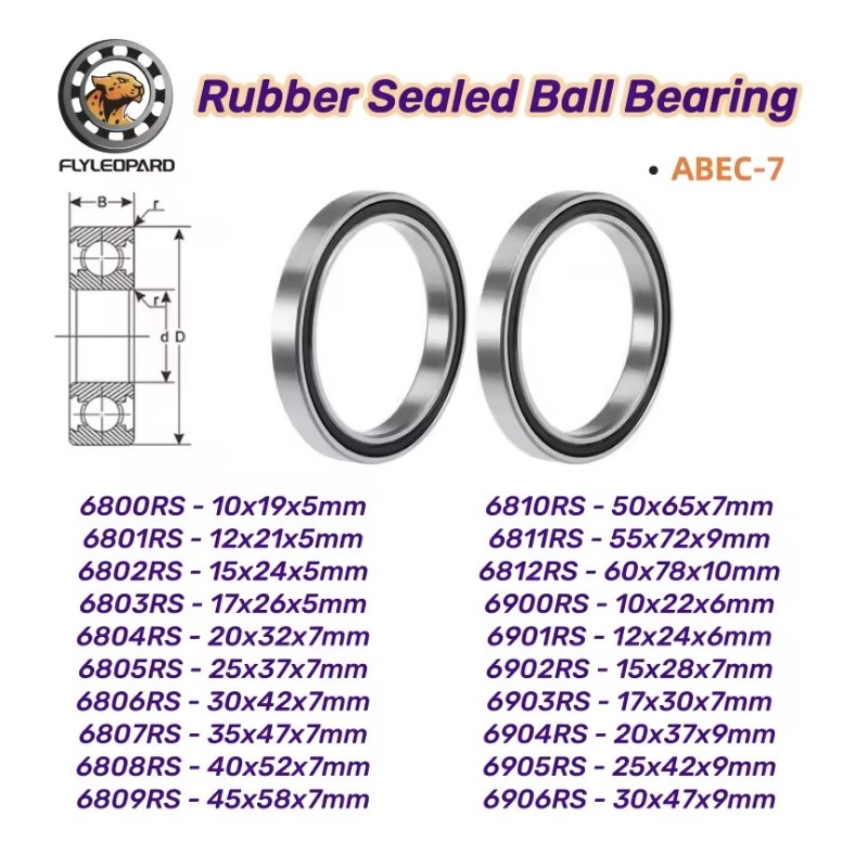 Conjunto de 2 rolamentos de esferas selados RS ABEC 7 - 6810RS, 6800RS, 6801RS, 6802RS, 6803RS, 6804RS, 6805RS  - 2 Compatibilid