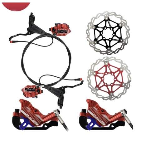 Kit completo de travões hidráulicos Monorim EB01 de 4 pistões - manetes, pinças, cabo e disco de travão Monorim - 1 Kit completo